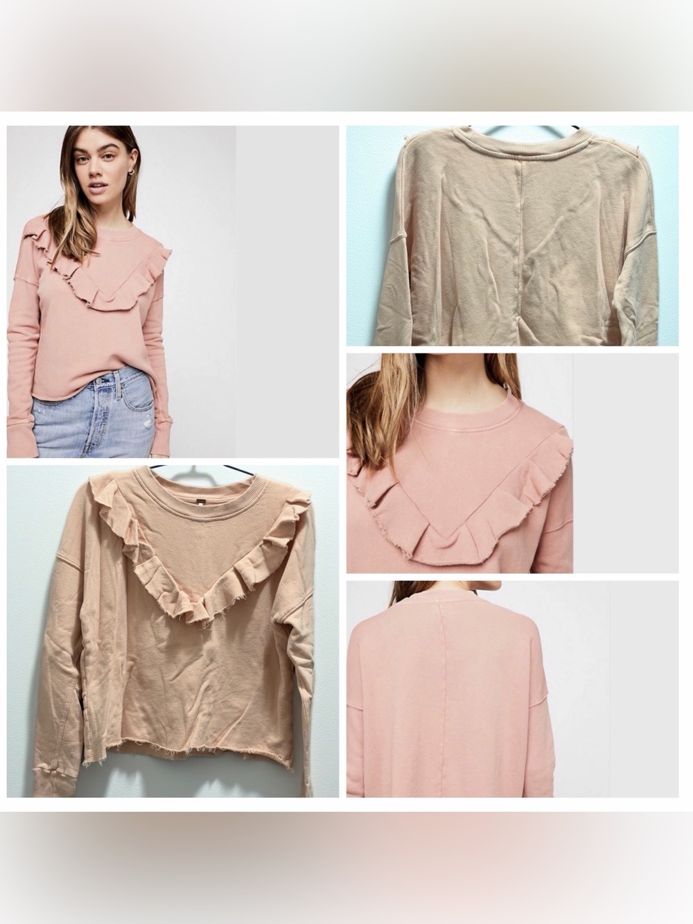 Free People Women's Small Pink Ooh La Ruffle Yoke Long Sleeve Raw Hem Sweatshirt